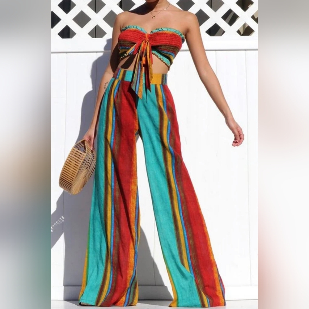 Cider Wild West Smocked Crop Top & Wide-Leg Pants Set – Size M NWT